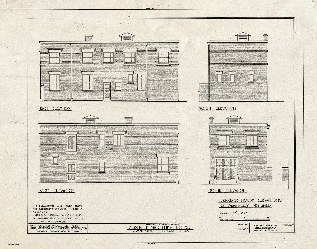 Blueprint Carriage House elevations - Albert F. Madlener House, 4 West Burton Place, Chicago, Cook County, IL