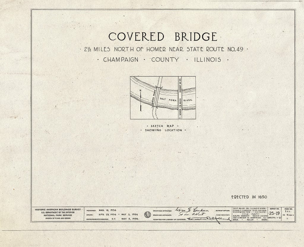 Blueprint East Elevation, West Elevation - Covered Wooden Bridge, Spanning Salt Fork River, State Route 49, Homer, Champaign County, IL