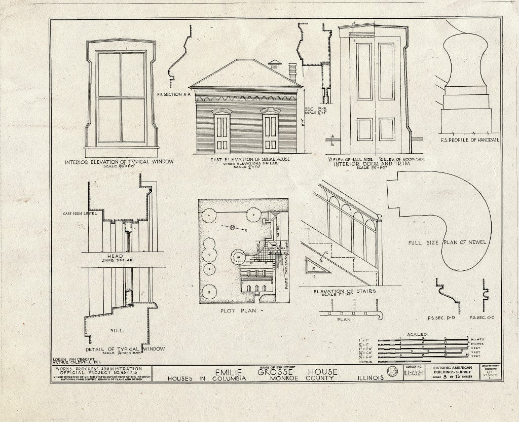 Blueprint 3. Emelie Gross House: Window, Door, and Stair Details; Smokehouse; plot Plan - Emelie Grosse House, Columbia, Monroe County, IL