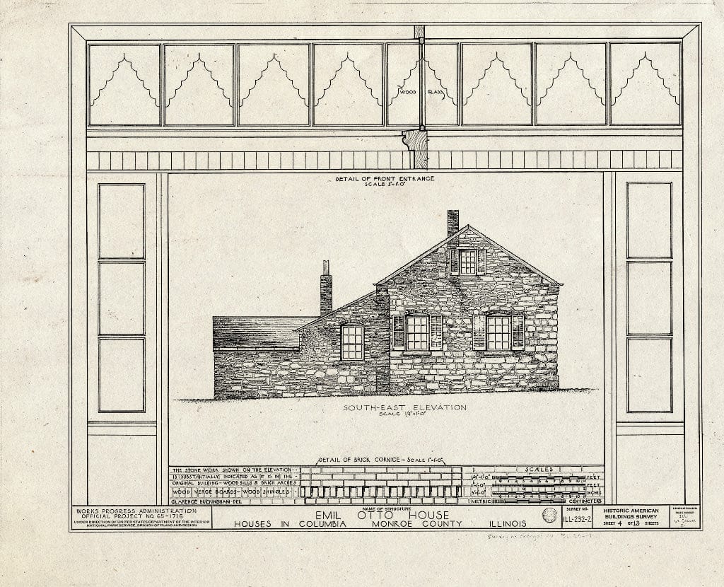 Blueprint 4. Emil Otto House: Elevation and Details - Emelie Grosse House, Columbia, Monroe County, IL