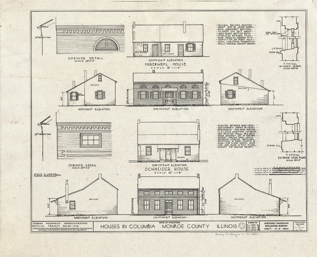 Blueprint 9. Jacob Habermehl House and Edward J. Schneider House: elevations - Emelie Grosse House, Columbia, Monroe County, IL