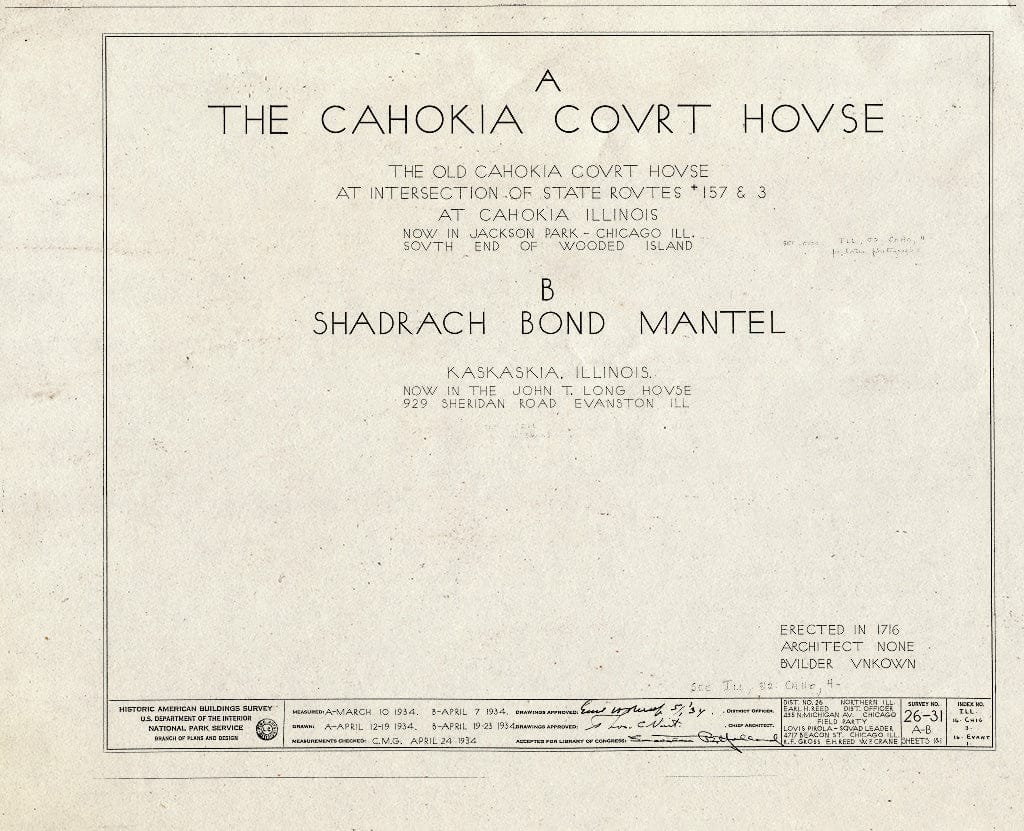 Blueprint Cover Sheet - Shadrach Bond Mantel, 929 Sheridan Road (Moved from Kaskaskia, IL), Evanston, Cook County, IL