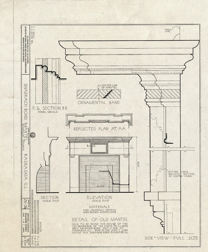 Blueprint Detail of Old Mantel - Shadrach Bond Mantel, 929 Sheridan Road (Moved from Kaskaskia, IL), Evanston, Cook County, IL