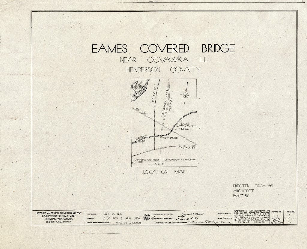 Blueprint Cover Sheet - Eames Covered Bridge, Spanning Henderson Creek, Oquawka, Henderson County, IL