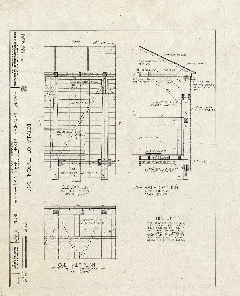 Blueprint Details of Typical Bay: Elevation, One Half Section, One Half Plan - Eames Covered Bridge, Spanning Henderson Creek, Oquawka, Henderson County, IL