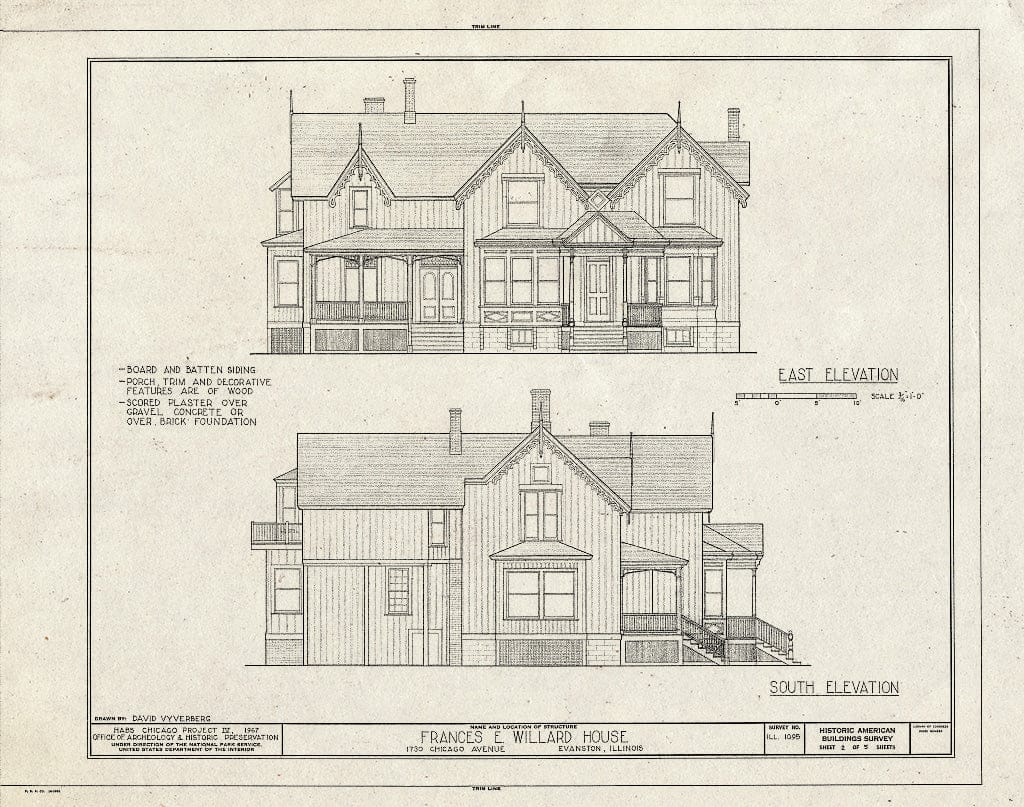 Blueprint East and South elevations - Frances E. Willard House, 1730 Chicago Avenue, Evanston, Cook County, IL