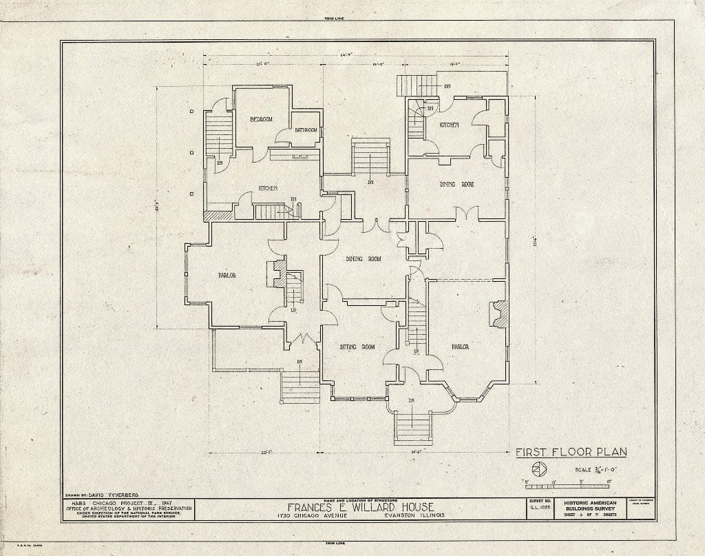 Blueprint First Floor Plan - Frances E. Willard House, 1730 Chicago Avenue, Evanston, Cook County, IL