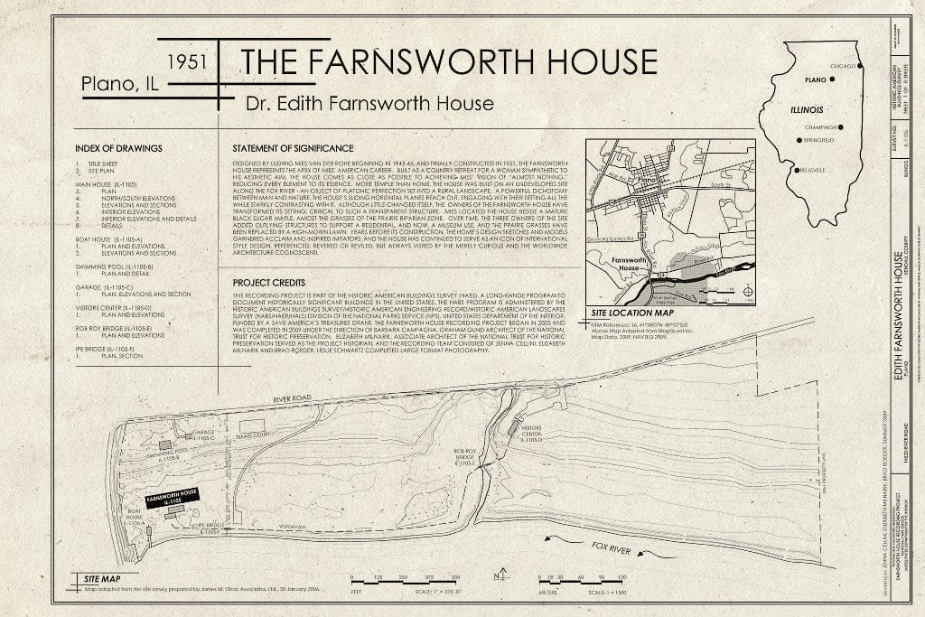 Blueprint Cover Sheet & Site Map - Edith Farnsworth House, 14520 River Road, Plano, Kendall County, IL