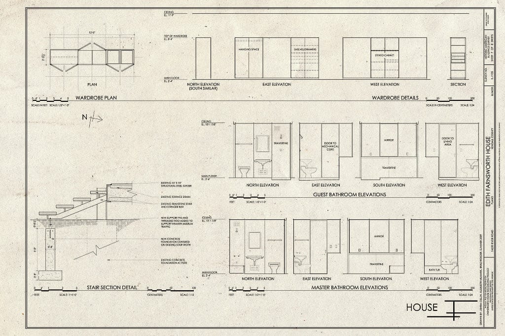 Blueprint Bathroom Elevations, Wardrobe Plans & Details, and Stair Section Details - Edith Farnsworth House, 14520 River Road, Plano, Kendall County, IL