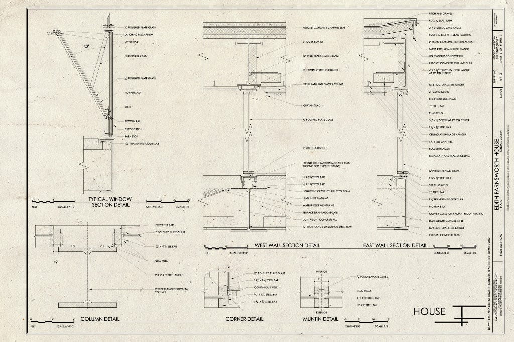 Blueprint Details of Walls, Window and Columns - Edith Farnsworth House, 14520 River Road, Plano, Kendall County, IL