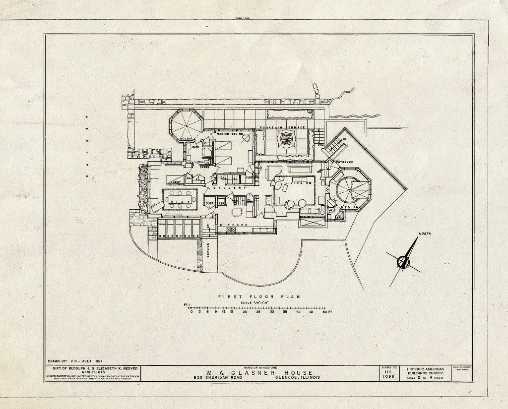 Blueprint First Floor Plan - W. A. Glasner House, 850 Sheridan Road, Glencoe, Cook County, IL