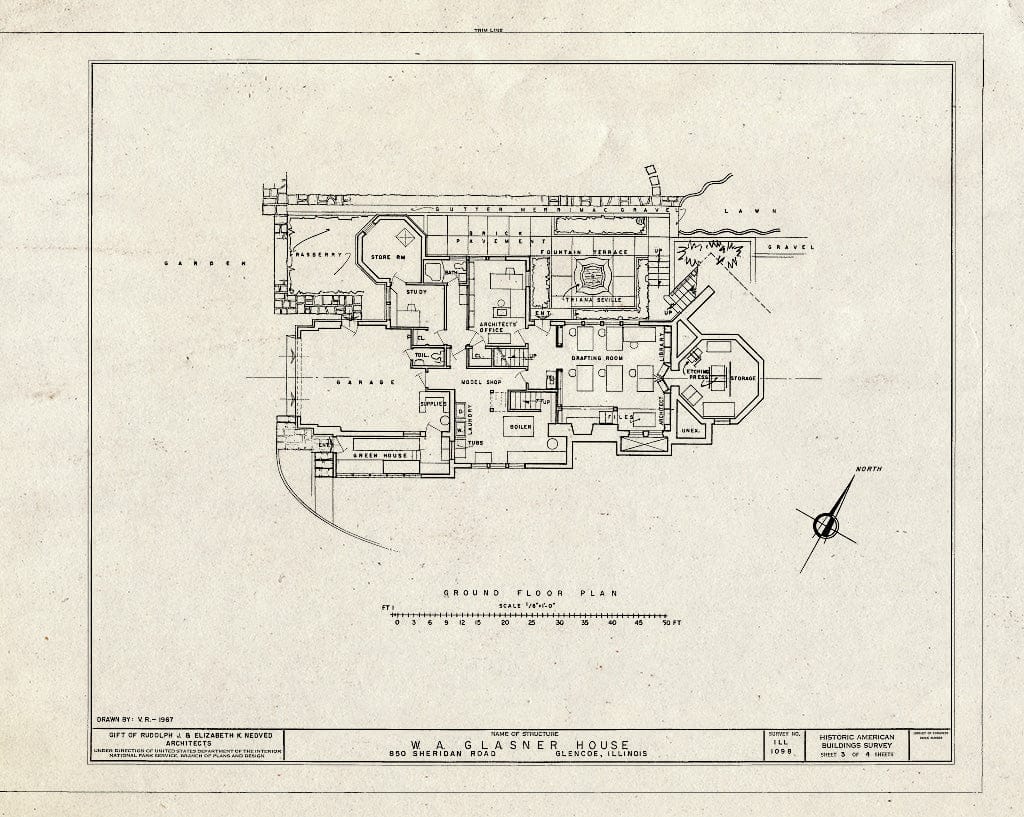 Blueprint Ground Floor Plan - W. A. Glasner House, 850 Sheridan Road, Glencoe, Cook County, IL