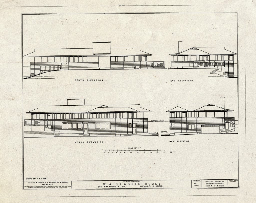 Blueprint Elevations - W. A. Glasner House, 850 Sheridan Road, Glencoe, Cook County, IL