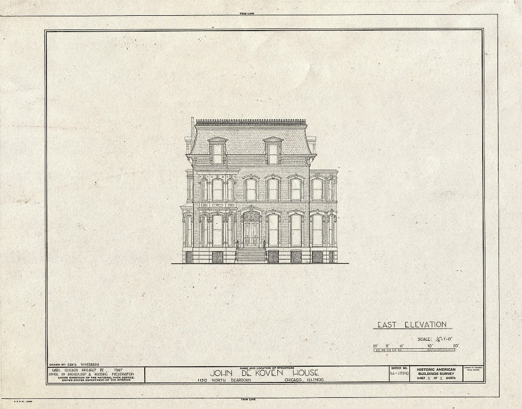 Blueprint East Elevation - Chicago Ironwork, John DeKoven House (Cast Iron Gate), 1150 North Dearborn Street, Chicago, Cook County, IL