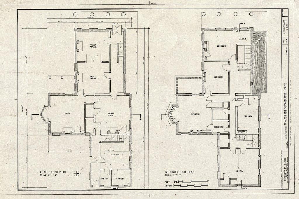 Blueprint First Floor & Second Floor Plan - Senator Elihu B. Washburne House, 908 Third Street, Galena, Jo Daviess County, IL