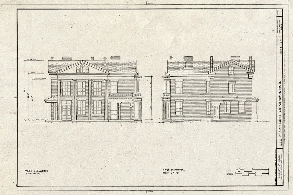 Blueprint East & West Elevations - Senator Elihu B. Washburne House, 908 Third Street, Galena, Jo Daviess County, IL