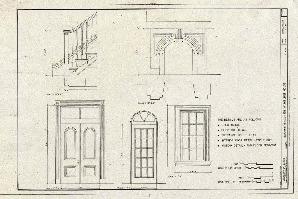 Blueprint Details of Stair, Fireplace, Entrance Door, Interior Door, Window - Senator Elihu B. Washburne House, 908 Third Street, Galena, Jo Daviess County, IL