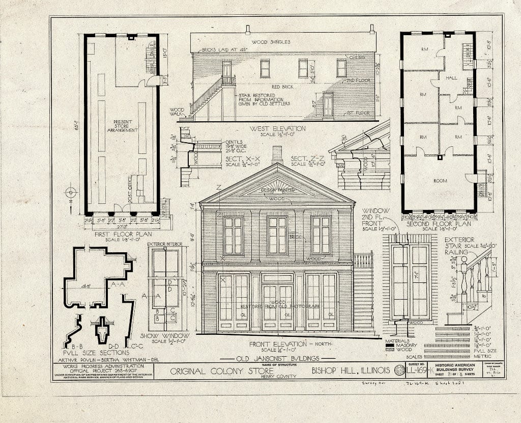 Blueprint 1. Elevations, Plans, Sections, and Details - Jansonist Colony, Colony Store & Post Office, Main & Bishop Hill Streets, Bishop Hill, Henry County, IL