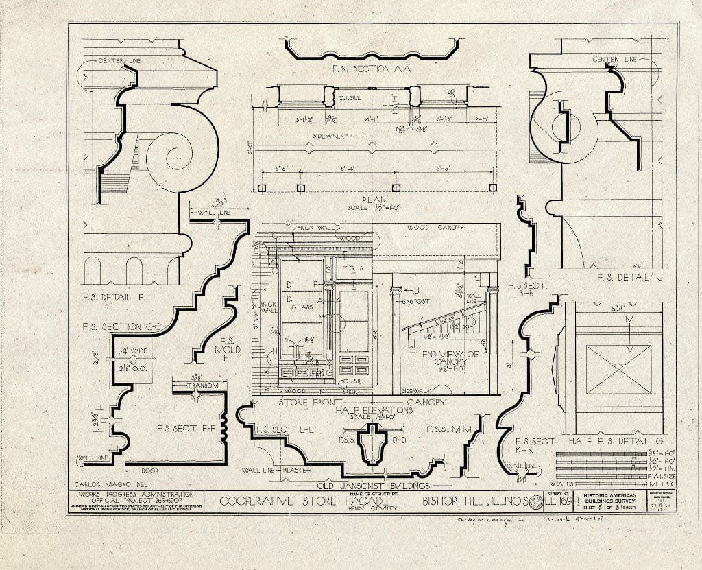 Blueprint 1. Store Front Half Elevation and Details - Jansonist Colony, Cooperative Store, Main & Christina Streets, Bishop Hill, Henry County, IL