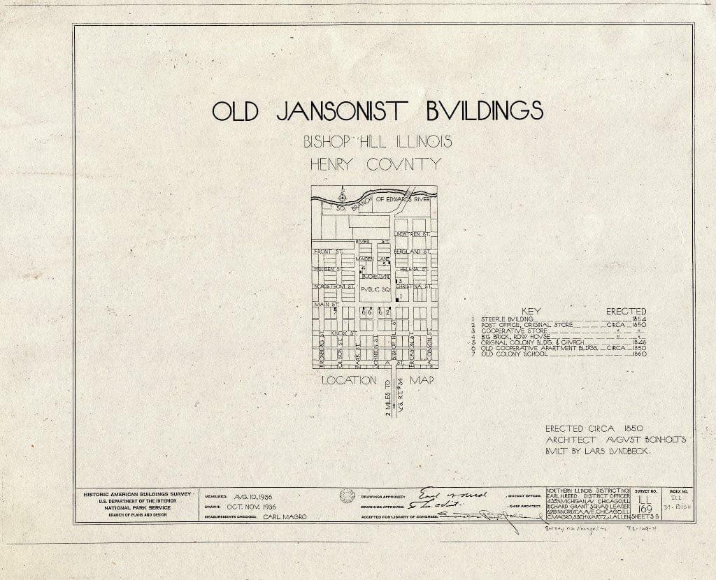 Blueprint 0. Cover Sheet - Jansonist Colony, Steeple Building, Main & Bishop Hill Streets, Bishop Hill, Henry County, IL