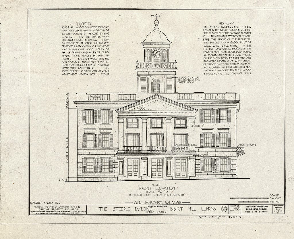 Blueprint 1. West (Front) Elevation - Jansonist Colony, Steeple Building, Main & Bishop Hill Streets, Bishop Hill, Henry County, IL