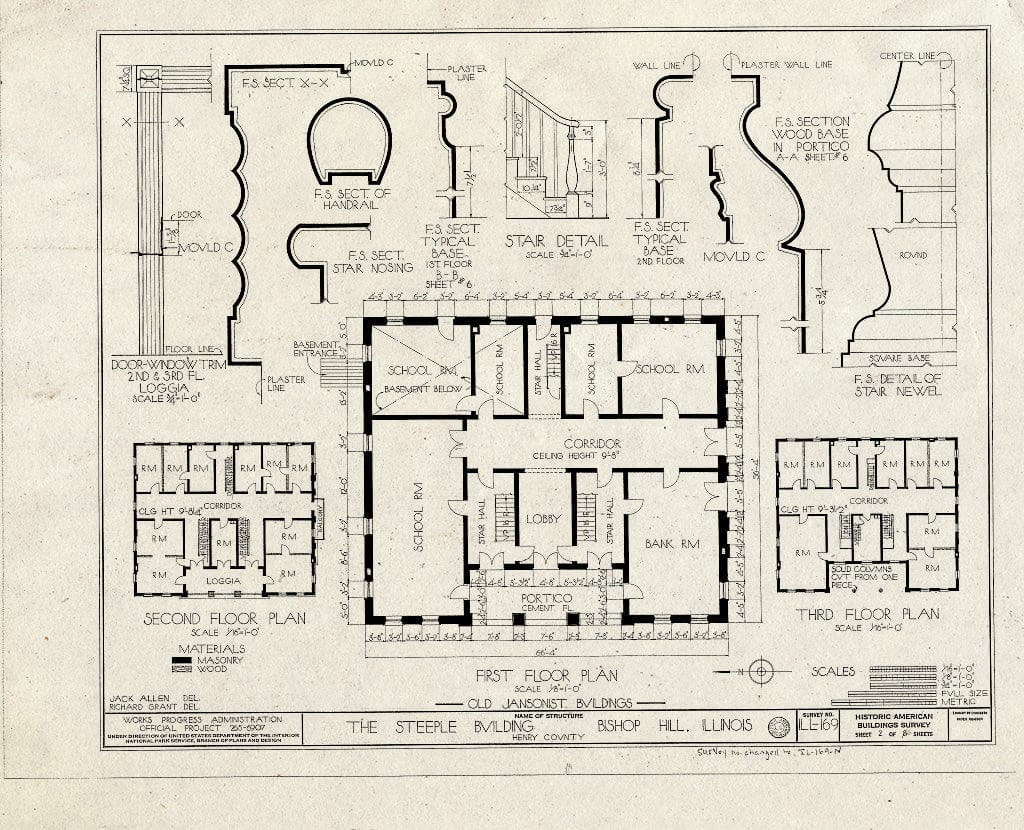 Blueprint 2. Plans and Details - Jansonist Colony, Steeple Building, Main & Bishop Hill Streets, Bishop Hill, Henry County, IL