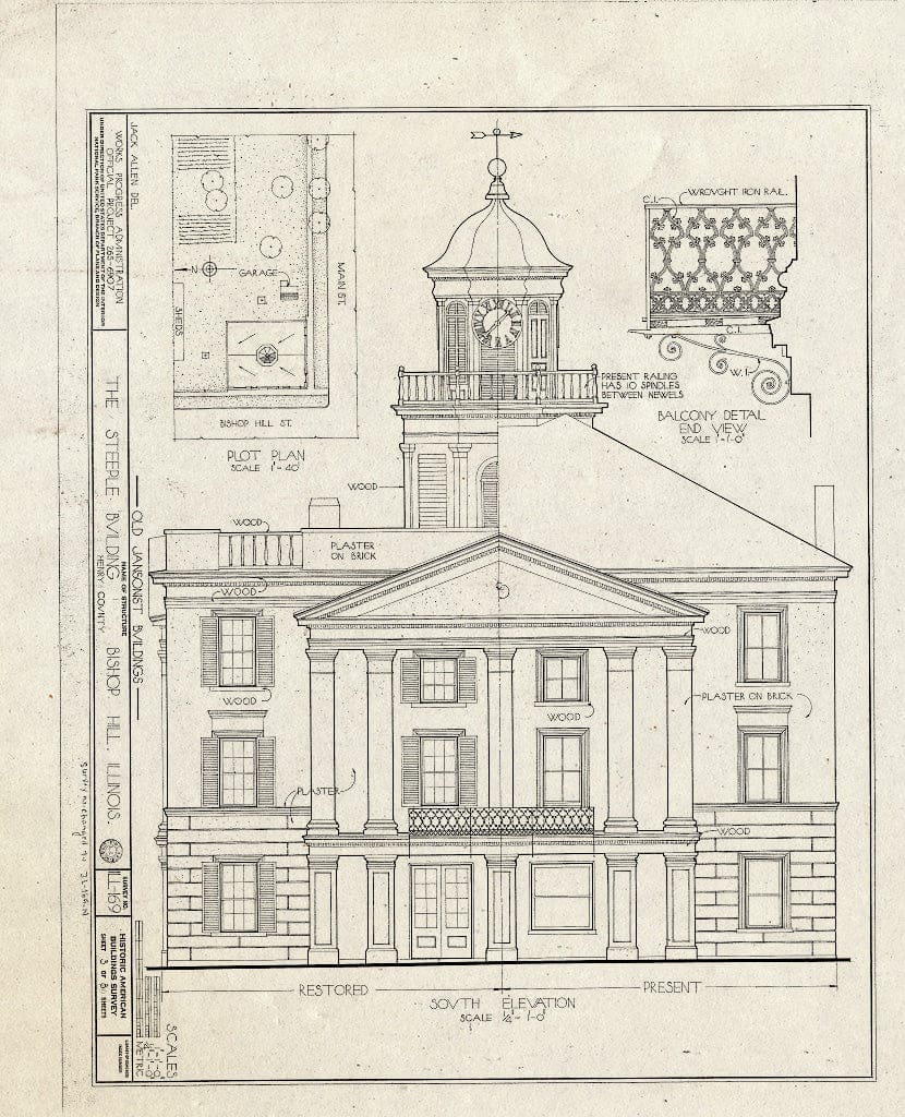 Blueprint 3. South Elevation - Jansonist Colony, Steeple Building, Main & Bishop Hill Streets, Bishop Hill, Henry County, IL