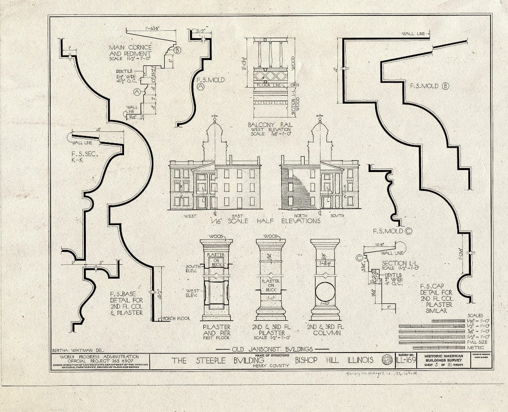 Blueprint 5. Half elevations and Details - Jansonist Colony, Steeple Building, Main & Bishop Hill Streets, Bishop Hill, Henry County, IL