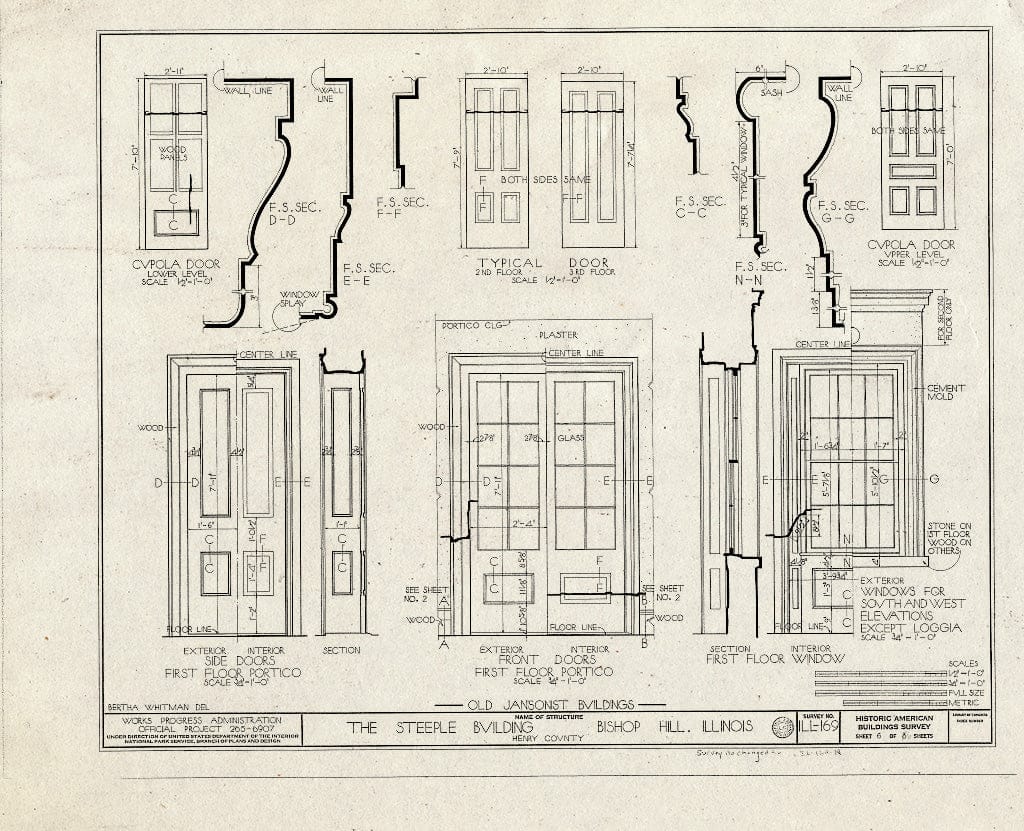 Blueprint 6. Door and Window Details - Jansonist Colony, Steeple Building, Main & Bishop Hill Streets, Bishop Hill, Henry County, IL