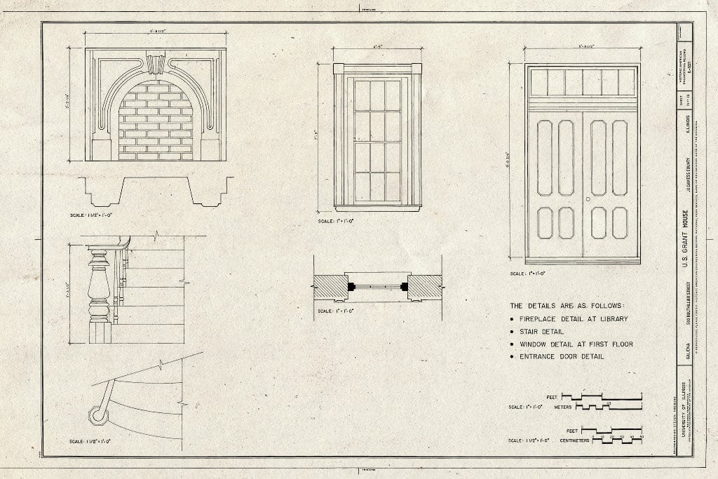 Blueprint Details of Fireplace, Stair, Window, Entrance Door - U.S. Grant House, Bouthillier & Fourth Street, Galena, Jo Daviess County, IL