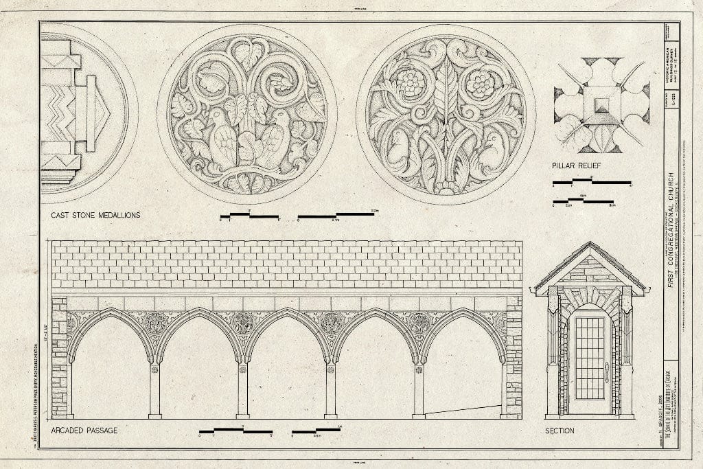 Blueprint Arcaded Passage, Cast Iron Medallions, Pillar Relief, Section - First Congregational Church, 1106 Chestnut Street, Western Springs, Cook County, IL