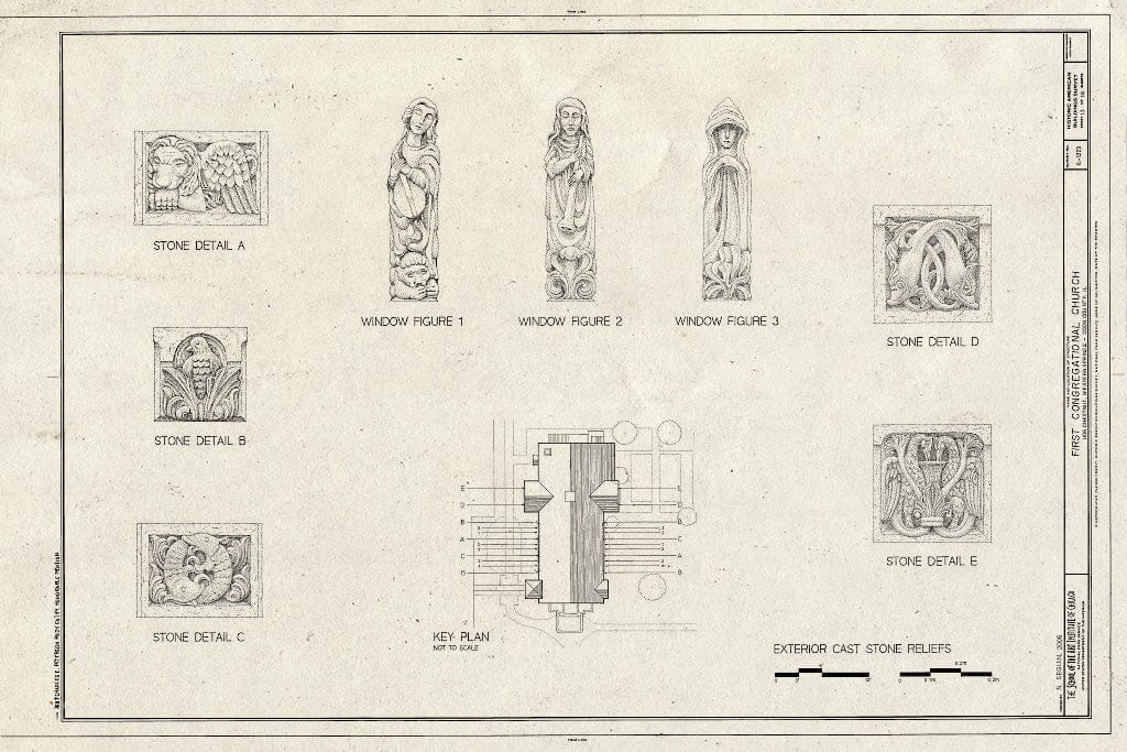 Blueprint Exterior Cast Stone Details & Window Figures - First Congregational Church, 1106 Chestnut Street, Western Springs, Cook County, IL