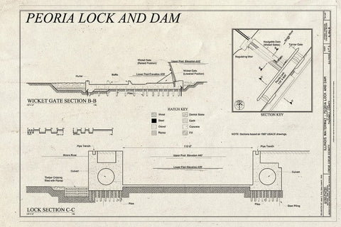 Blueprint Wicket Gate Section BB, Lock Section CC - Illinois Waterway, Peoria Lock and Dam, 1071 Wesley Road, Creve Coeur, Tazewell County, IL