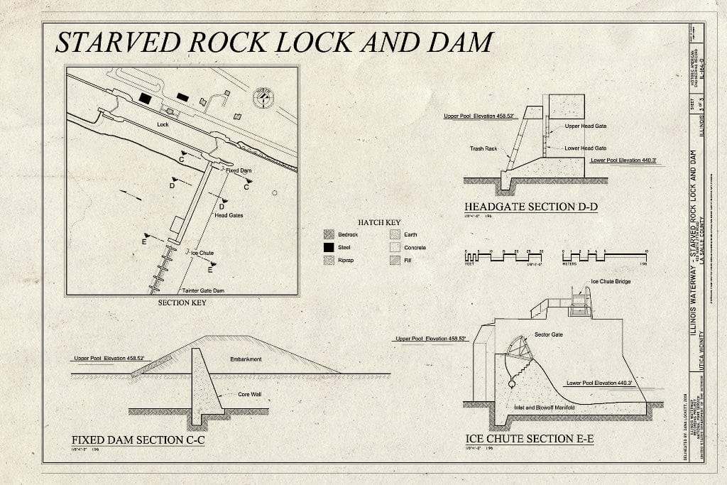 Blueprint Fixed Dam Section CC, Headgate Section DD, Ice Chute Section EE - Illinois Waterway, Starved Rock Lock and Dam, 950 North 27th Road, Utica, La Salle County, IL