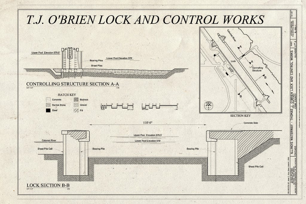 Blueprint Controlling Structure Section AA, Lock Section BB - Illinois Waterway, Thomas J. O'Brien Lock and Control Works, East 130th Street, Chicago, Cook County, IL