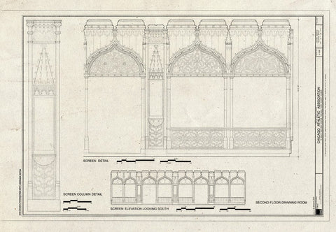 Blueprint Second Floor Drawing Room Including Screen Detail and Screen Column Detail - Chicago Athletic Association, 12 South Michigan Avenue, Chicago, Cook County, IL