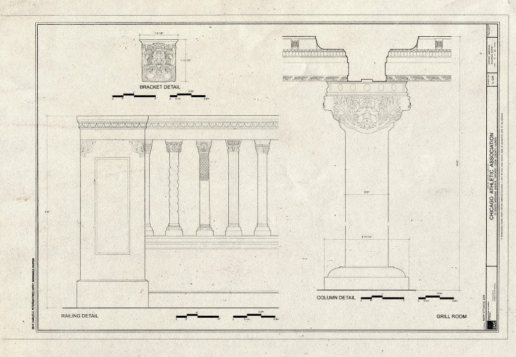 Blueprint Grill Room, Including Railing Detail and Column Detail - Chicago Athletic Association, 12 South Michigan Avenue, Chicago, Cook County, IL