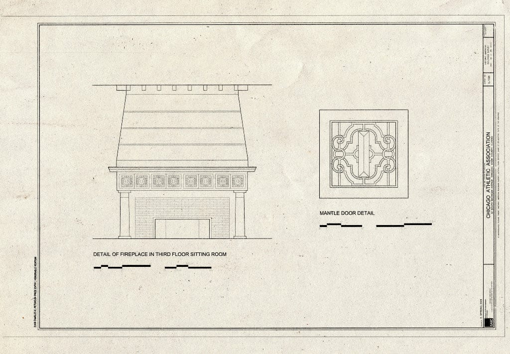 Blueprint Detail of Fireplace in Third Floor Sitting Room and Mantle Door Detail - Chicago Athletic Association, 12 South Michigan Avenue, Chicago, Cook County, IL