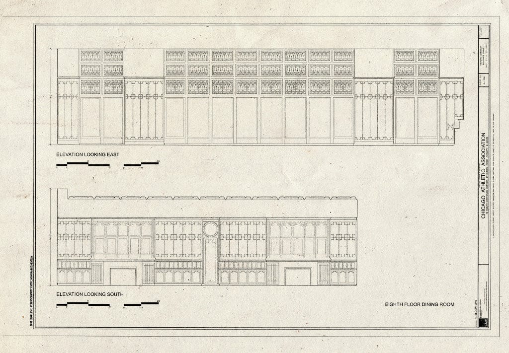 Blueprint Eighth Floor Dining Room elevations - Chicago Athletic Association, 12 South Michigan Avenue, Chicago, Cook County, IL