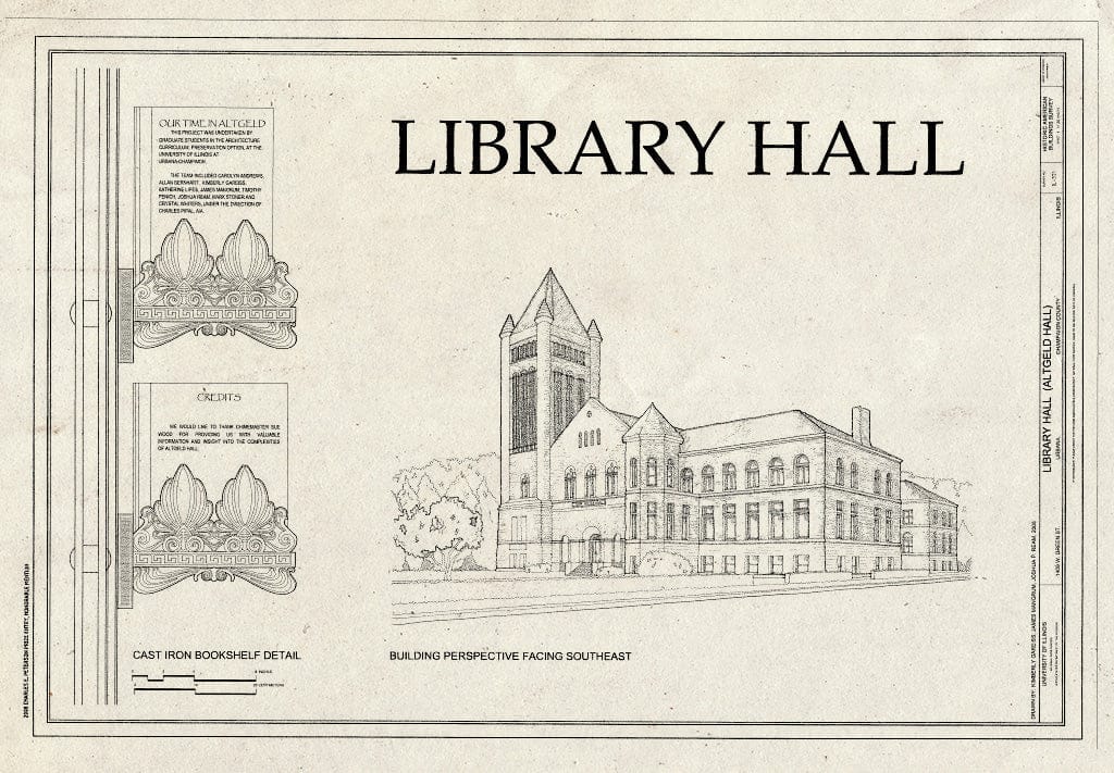 Blueprint Cover Sheet Including Building Perspective Facing Southeast - Library Hall, 1409 West Green Street, Urbana, Champaign County, IL