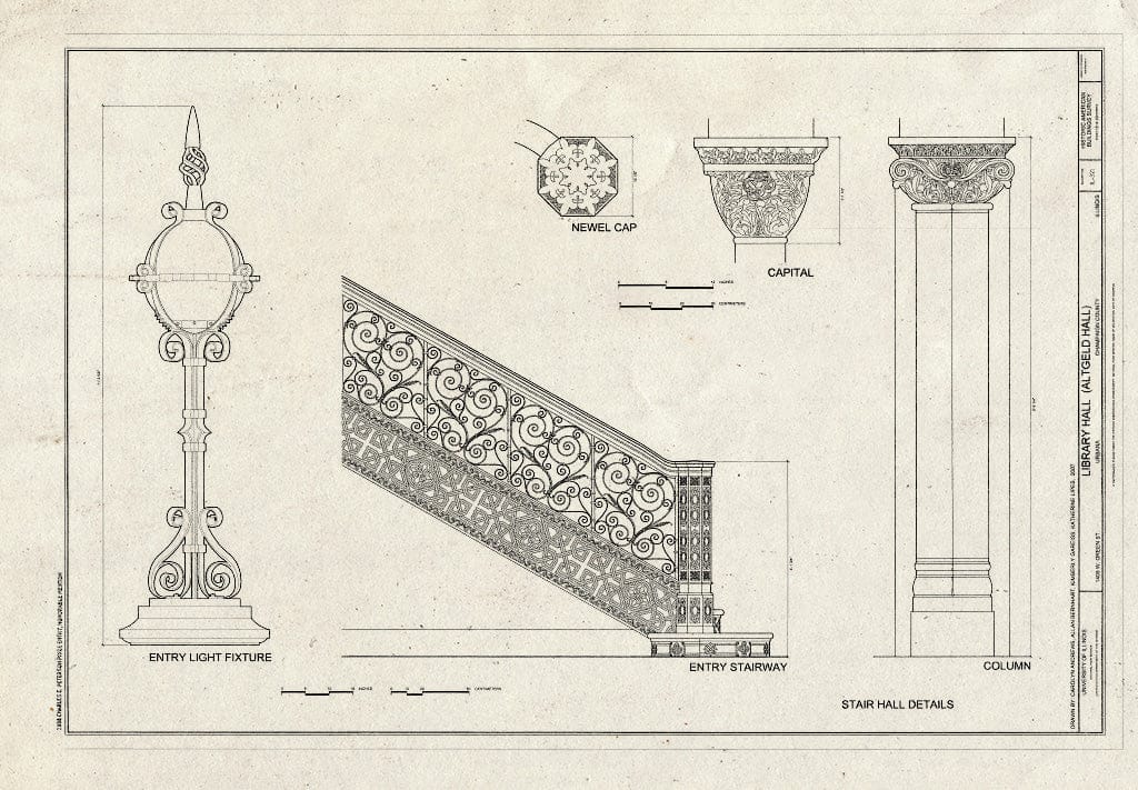 Blueprint Entry Stairway, Stair Hall Details, and Entry Light Fixture - Library Hall, 1409 West Green Street, Urbana, Champaign County, IL