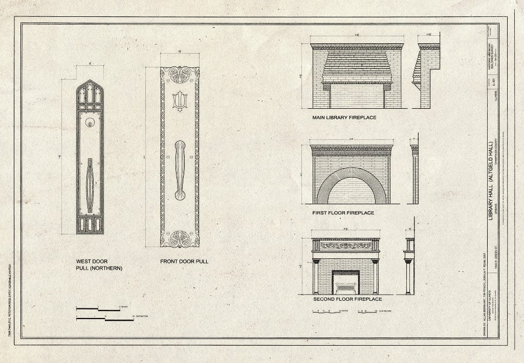 Blueprint Door pulls, and fireplaces on First Floor, Second Floor, and Main Library - Library Hall, 1409 West Green Street, Urbana, Champaign County, IL