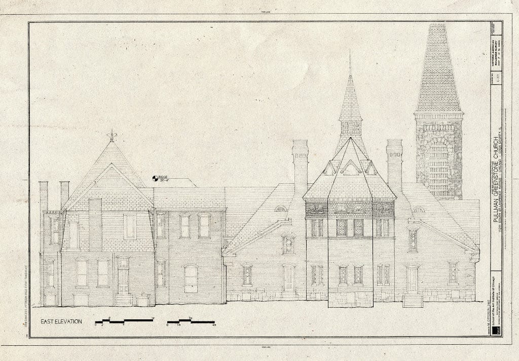 Blueprint East Elevation - Pullman Greenstone Church, 11211 South St. Lawrence Avenue, Chicago, Cook County, IL