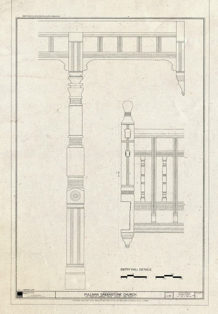 Blueprint Entry Hall Details - Pullman Greenstone Church, 11211 South St. Lawrence Avenue, Chicago, Cook County, IL