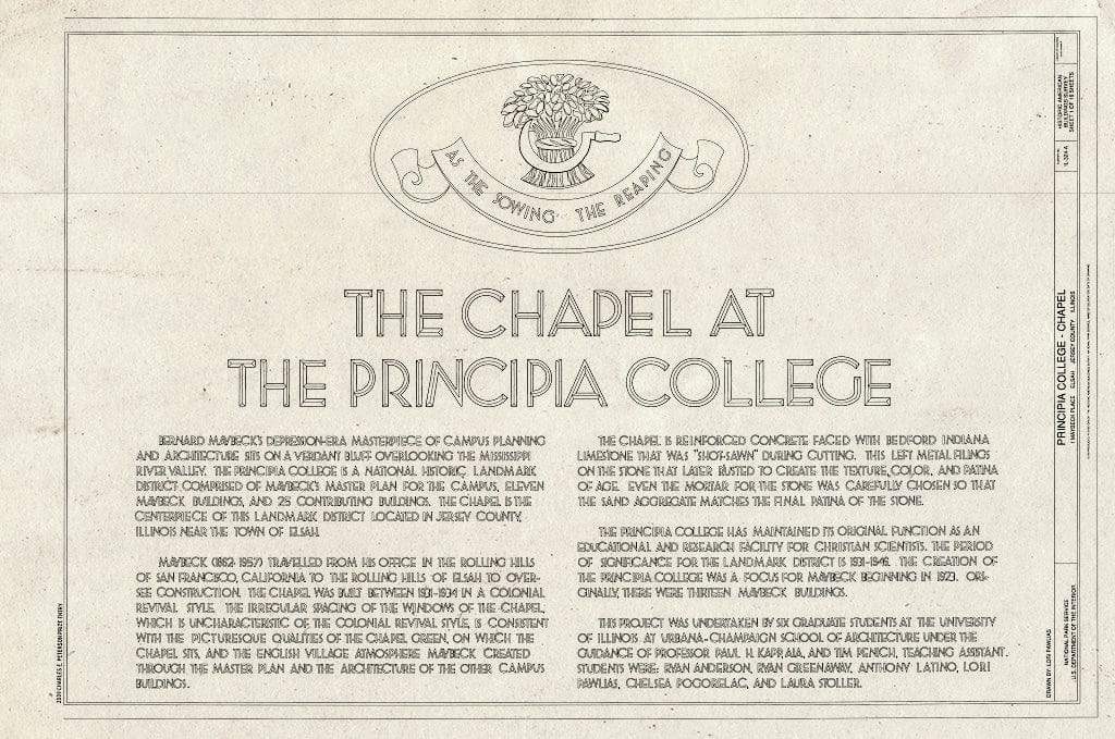 Blueprint Cover Sheet - Principia College, Chapel, 1 Maybeck Place, Elsah, Jersey County, IL