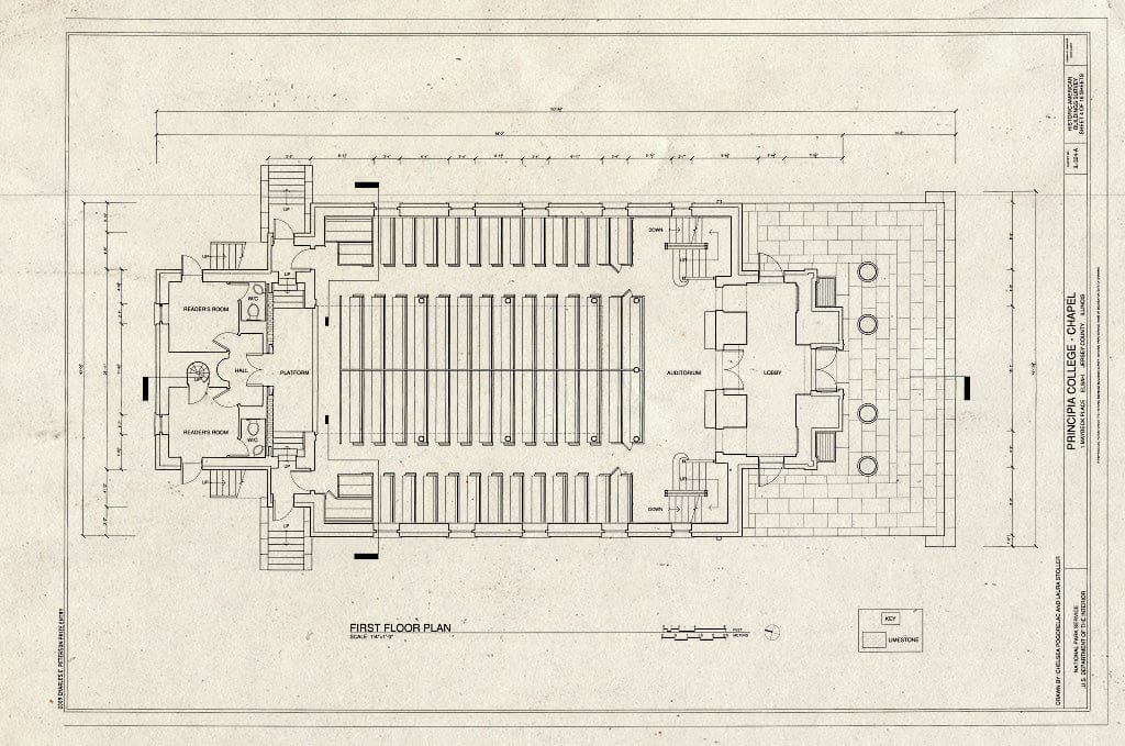 Blueprint First Floor Plan - Principia College, Chapel, 1 Maybeck Place, Elsah, Jersey County, IL