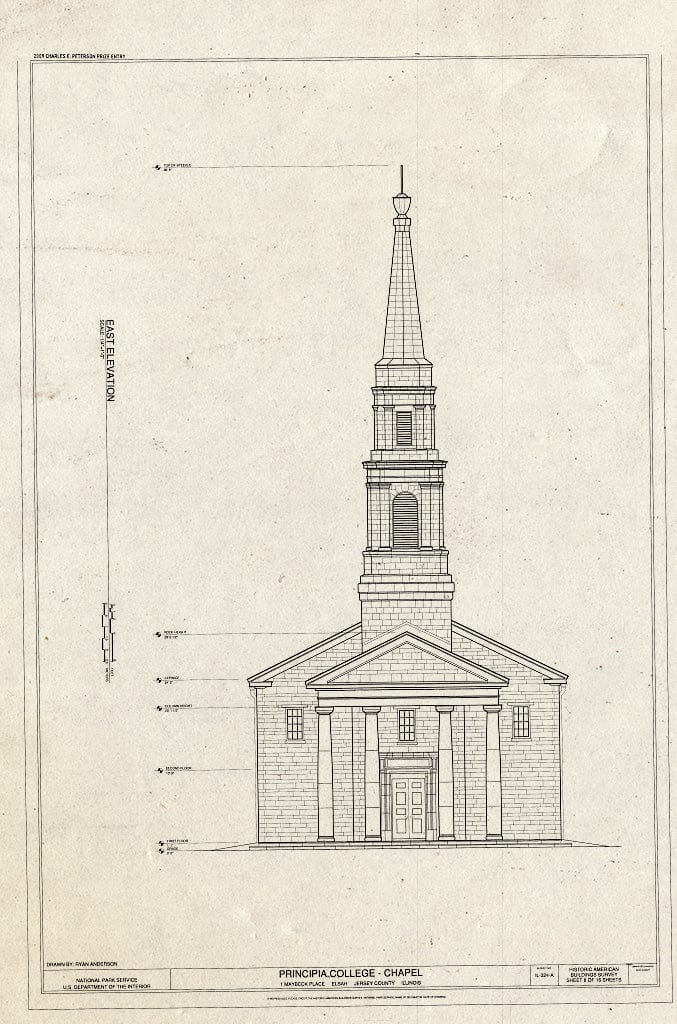 Blueprint East Elevation - Principia College, Chapel, 1 Maybeck Place, Elsah, Jersey County, IL