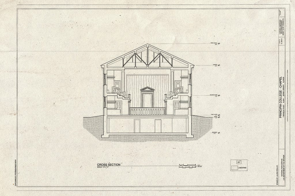 Blueprint Cross Section - Principia College, Chapel, 1 Maybeck Place, Elsah, Jersey County, IL