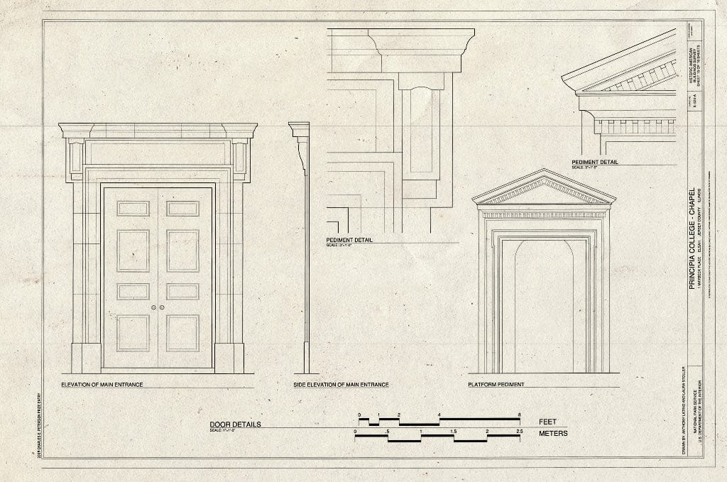 Blueprint Door Details - Principia College, Chapel, 1 Maybeck Place, Elsah, Jersey County, IL