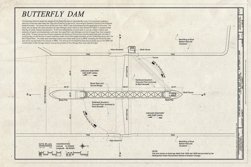 Blueprint Butterfly Dam, Title Page - Chicago Sanitary and Ship Canal, Butterfly Dam, Illinois Waterway River Mile 293.1, Lockport, Will County, IL